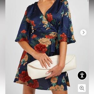 NWT GORGEOUS FALL DRESS boohoo Navy Blue Satin Floral Wrap tie Dress size 8